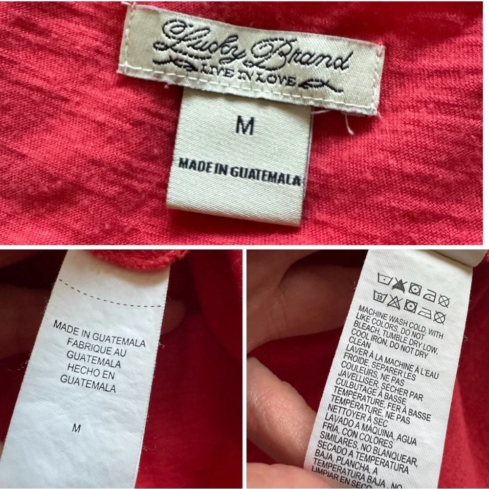 Lucky Brand Vibrant Pink Coral Scoop Neck 3 /4 Sleeve Peacock Blouse Size Medium - Picture 7 of 11